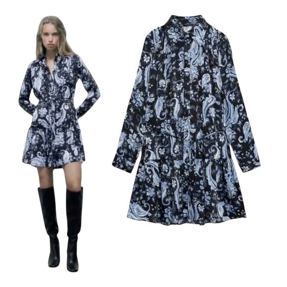 ZARA Blue Black Printed Flounced Shirt Dress M Mini Belted Long Sleeve NWT - Picture 2 of 11